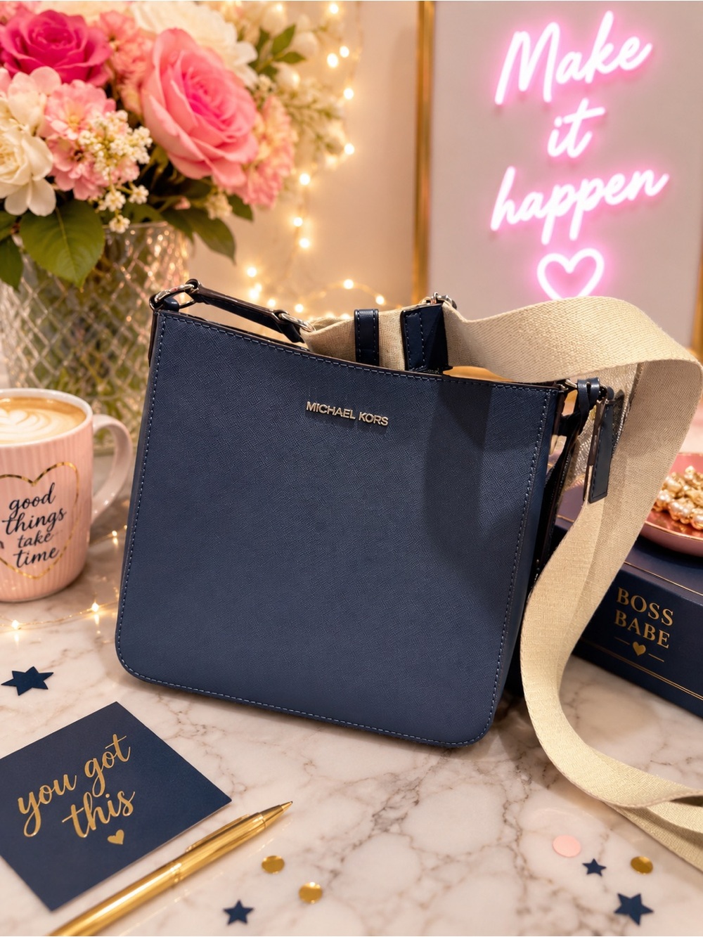 MICHAEL KORS Navy Saffiano Crossbody with Beige Canvas Strap